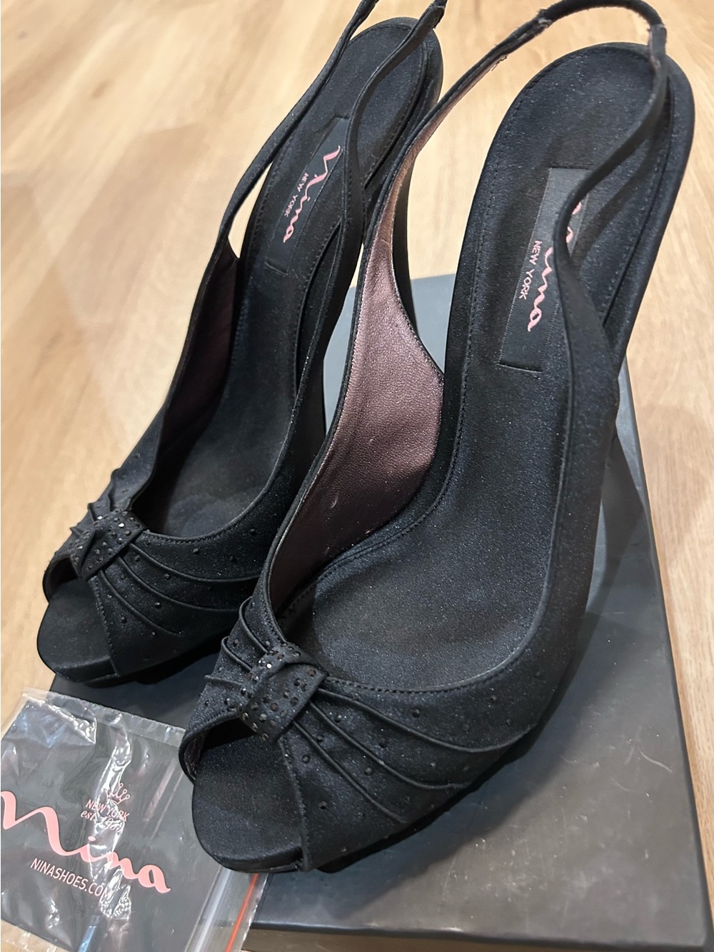 Nina Black Peep-Toe Slingback Heels with Bow Accent